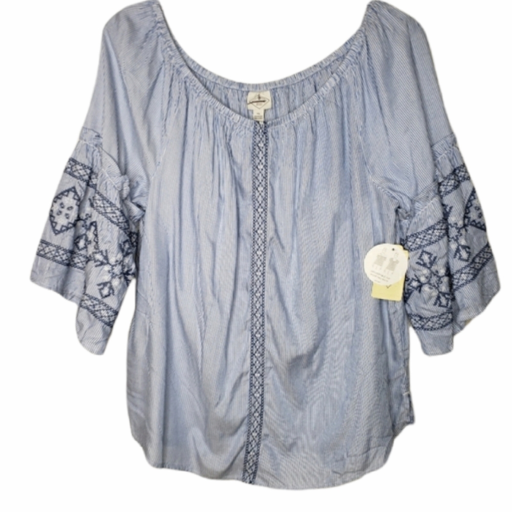 St John's Bay Top Striped Blue White Boho Bell Sleeve Women's Size XL NWT